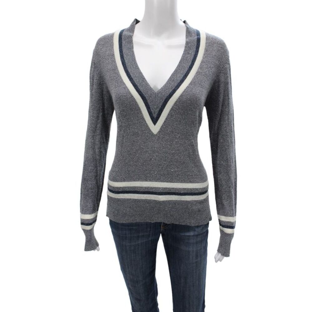 Veronica Beard Unisex Pullover Gray Striped V-Neck Linen Long Sleeve Size M